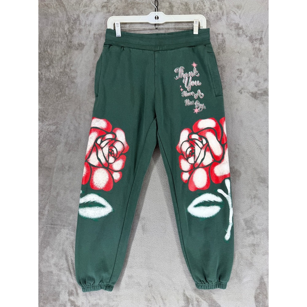 Market Sweatpants Mens S Rose Graphic Green Thank You Have A Nice Day EUC